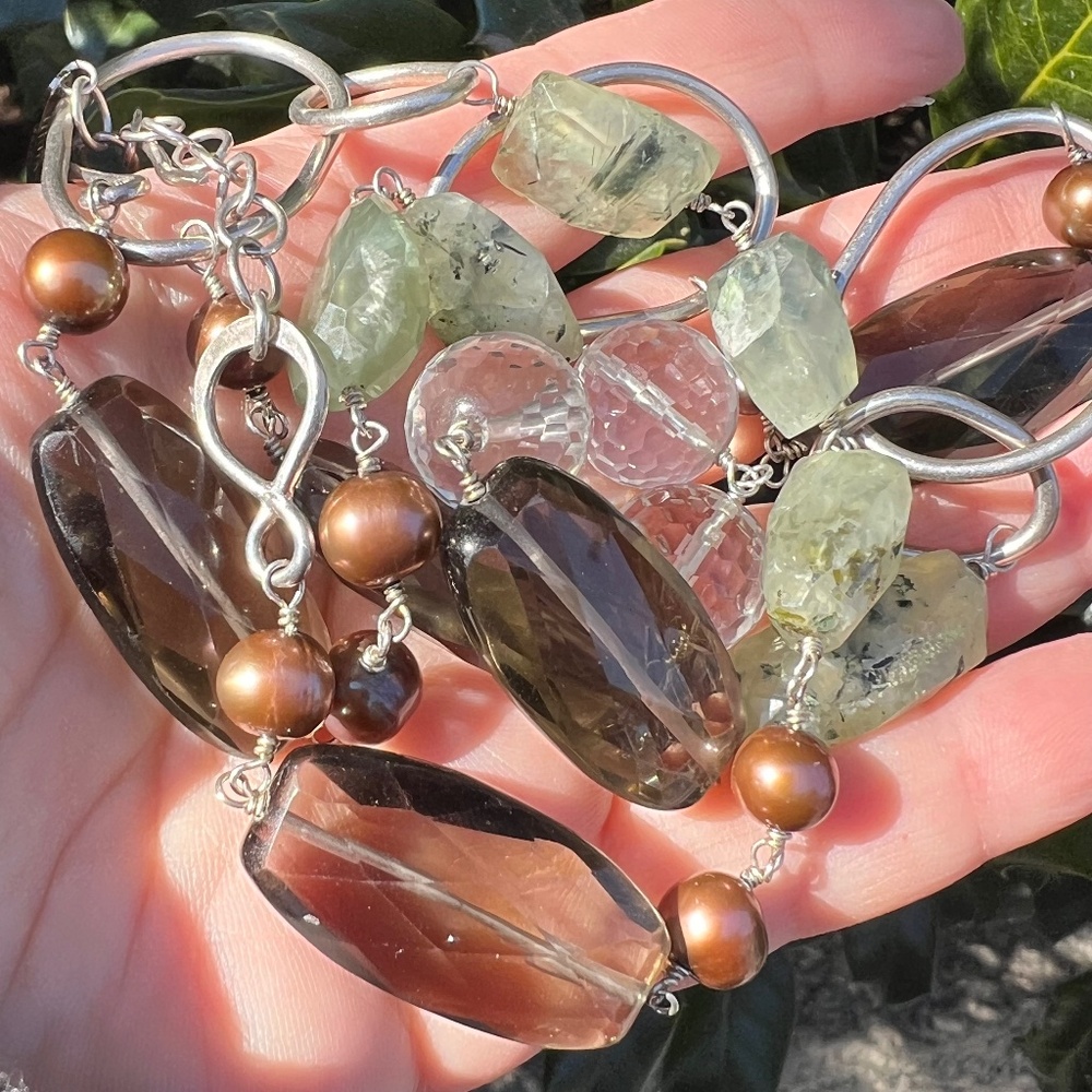 VINTAGE RARE WENDY MINK NECKLACE 925 SS SMOKY QUARTZ ROCK CRYSTAL GREEN PREHNITE